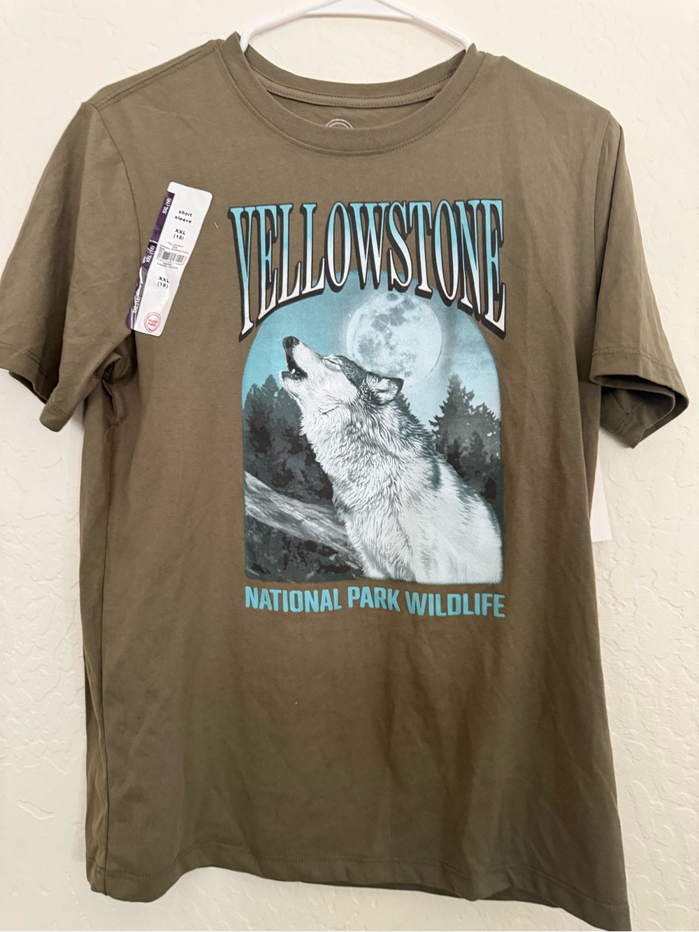 wonder nation Olive Green Yellowstone Wolf Graphic Tee with Blue Accents